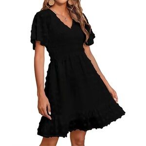 Black V-Neck Ruffle Sleeve Dress